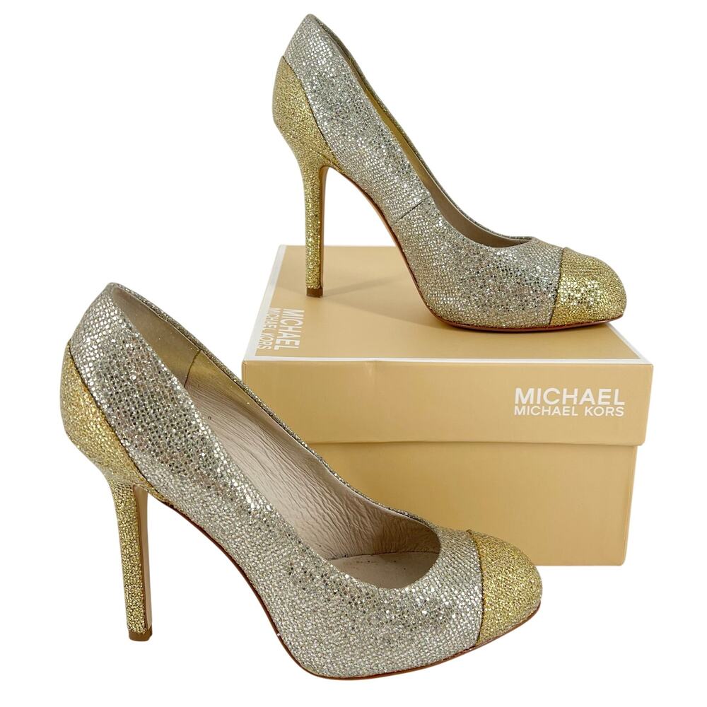 Michael Kors Sinclair Pump Glitter Silver Gold cap toe size 7 stiletto heels